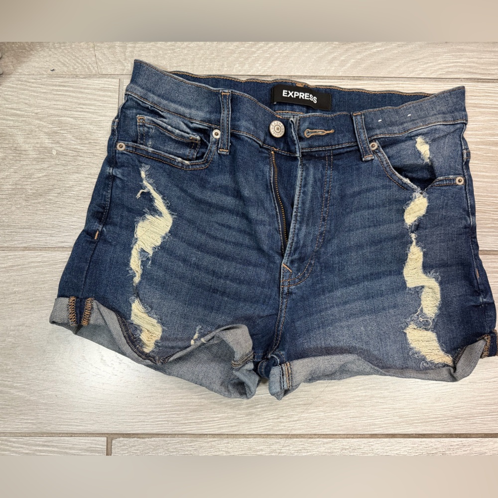 Express Shortie High Rise Denim Shorts in Dark Blue